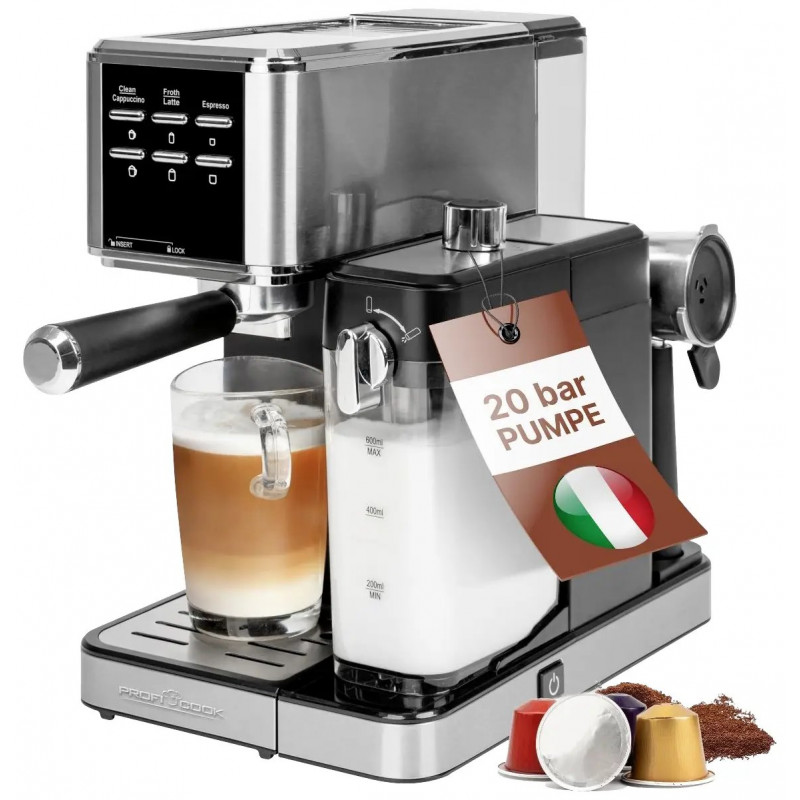 Profi Cook PC-ES-KA 1266 Espressomaschine Edelstahl mit automatischem Milchaufschäumer