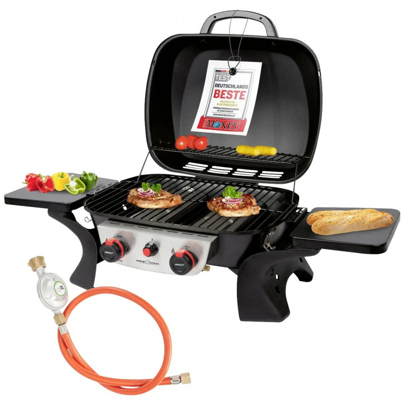 Profi Cook PC-GG 1261 Tisch Gas-Grill 2 Grillzonen, 2 Brenner, Thermometer im Deckel Schwarz
