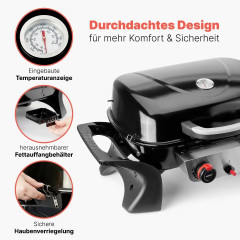 Profi Cook PC-GG 1261 Tisch Gas-Grill 2 Grillzonen, 2 Brenner, Thermometer im Deckel Schwarz
