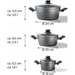 STONELINE Topf-Set Set, 1x Kochtopf Ø 16 cm, 1x Kochtopf Ø 20 cm, 1x Kochtopf Ø 24 cm, 6 Stk. tlg. Aluminium