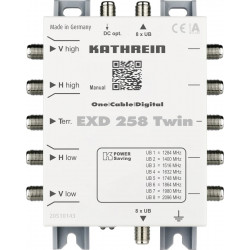 Kathrein EXD 258 Twin SAT Multischalter Kaskade Unicable Eingänge (Multischalter): 5 (4 SAT/1 terrestrisch) Teilnehmer-Anzahl: 16 Kathrein EXD 258 Twin SAT Multischalter Kaskade Unicable Eingänge (Multischalter): 5 (4 SAT/1 terrestrisch) Teilnehmer-Anzahl: 16