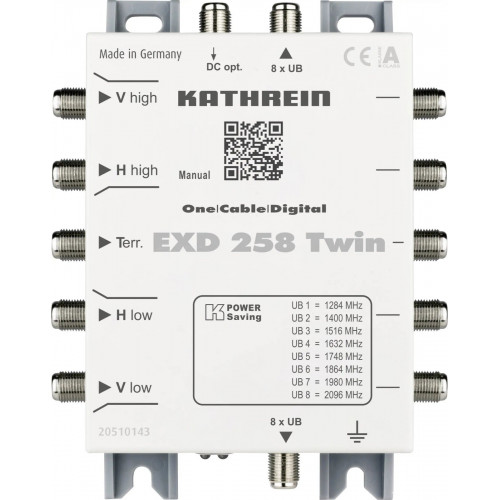 Kathrein EXD 258 Twin SAT Multischalter Kaskade Unicable Eingänge (Multischalter): 5 (4 SAT/1 terrestrisch) Teilnehmer-Anzahl: 16
