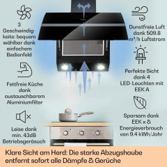 Klarstein Clara 90 Dunstabzugshaube Glas 509 m³/h Touch Ambiente-Licht Schwarz