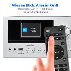 MEDION® LIFE P85003 Micro-Audio-System silber, Internet/DAB+/PLL-UKW Stereo-Radio mit je 40 Senderspeichern, 2,8'' TFT-Farbdisplay, Bluetooth® 5.0, CD-Player, WLAN, USB, 2 x 15 RMS