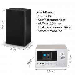 MEDION® LIFE P85003 Micro-Audio-System silber, Internet/DAB+/PLL-UKW Stereo-Radio mit je 40 Senderspeichern, 2,8'' TFT-Farbdisplay, Bluetooth® 5.0, CD-Player, WLAN, USB, 2 x 15 RMS