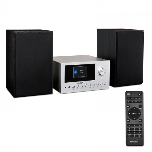 MEDION® LIFE P85003 Micro-Audio-System silber, Internet/DAB+/PLL-UKW Stereo-Radio mit je 40 Senderspeichern, 2,8'' TFT-Farbdisplay, Bluetooth® 5.0, CD-Player, WLAN, USB, 2 x 15 RMS