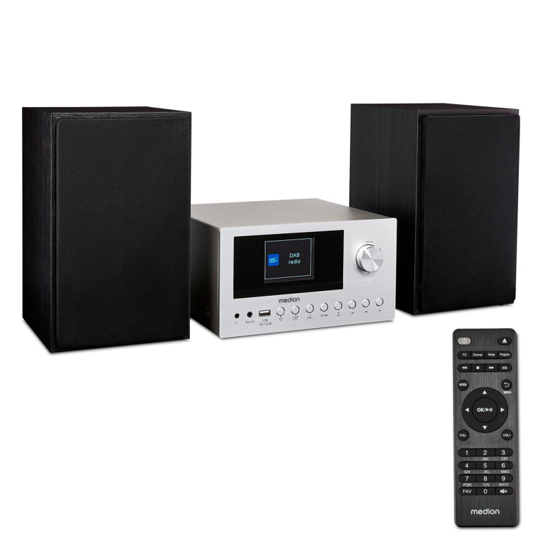 MEDION® LIFE P85003 Micro-Audio-System silber, Internet/DAB+/PLL-UKW Stereo-Radio mit je 40 Senderspeichern, 2,8'' TFT-Farbdisplay, Bluetooth® 5.0, CD-Player, WLAN, USB, 2 x 15 RMS