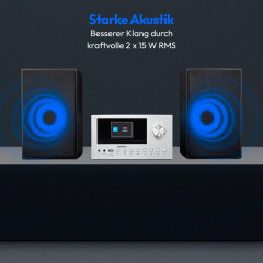 MEDION® LIFE P85003 Micro-Audio-System silber, Internet/DAB+/PLL-UKW Stereo-Radio mit je 40 Senderspeichern, 2,8'' TFT-Farbdisplay, Bluetooth® 5.0, CD-Player, WLAN, USB, 2 x 15 RMS