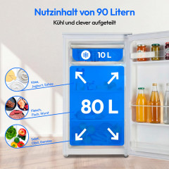 MEDION® LIFE Kühlschrank mit Eiswürfelfach MD 37690 Weiss, 90 L Gesamt-Nutzinhalt (Kühlteil 80 L & Eiswürfelfach 10 L), wechselbarer Türanschlag, geringer Geräuschpegel