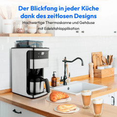 MEDION® Kaffeemaschine mit Mahlwerk MD 19911, 8 Mahlstufen, 1 Liter Wassertank, Thermoskanne, Timer-Funktion, 800 - 1000 Watt