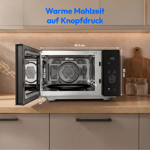 MEDION® LIFE 4 in 1 Mikrowelle MD12041, 900 Watt Mikrowellenleistung, 1100 W Obergrillleistung, 500 W Untergrilleistung, 2100 W Heißluftfunktion, 2 Heizelemente, Sensor-Touch-Türöffnung, 11 Automatikprogramme, 25 L Kapazität, 10 Leistungsstufen