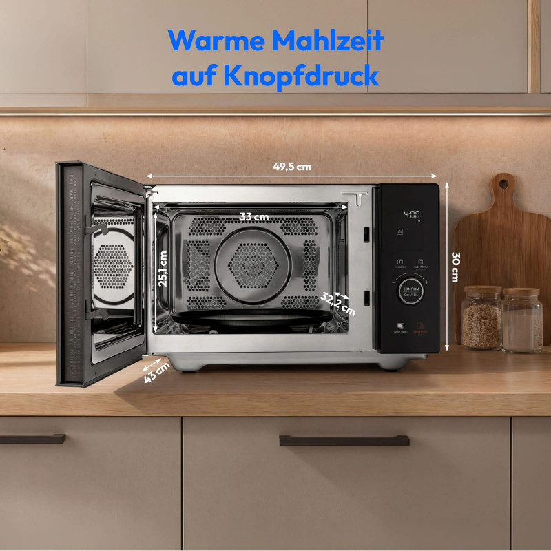 MEDION® LIFE 4 in 1 Mikrowelle MD12041, 900 Watt Mikrowellenleistung, 1100 W Obergrillleistung, 500 W Untergrilleistung, 2100 W Heißluftfunktion, 2 Heizelemente, Sensor-Touch-Türöffnung, 11 Automatikprogramme, 25 L Kapazität, 10 Leistungsstufen