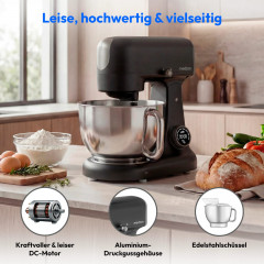 MEDION® LIFE Digitale Küchenmaschine MD12600 schwarz, 800 W Gleichstrommotor, Optimierte Leistungssteuerung, Ultraleise, Digitales Sensor-Touch-Display, 4,6 L Edelstahlschüssel, Inkl. Fleischwolf
