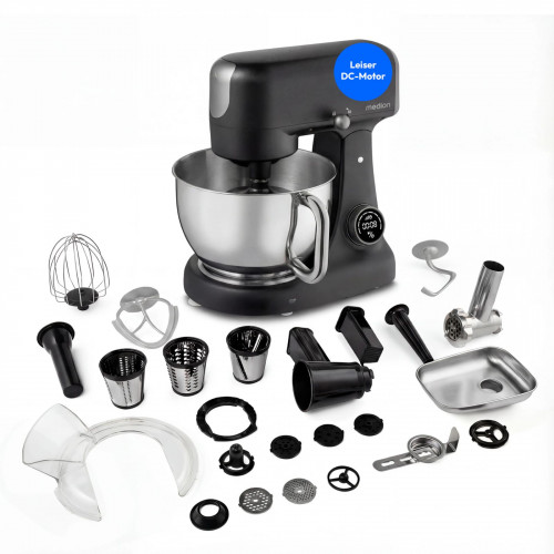 MEDION® LIFE Digitale Küchenmaschine MD12600 schwarz, 800 W Gleichstrommotor, Optimierte Leistungssteuerung, Ultraleise, Digitales Sensor-Touch-Display, 4,6 L Edelstahlschüssel, Inkl. Fleischwolf