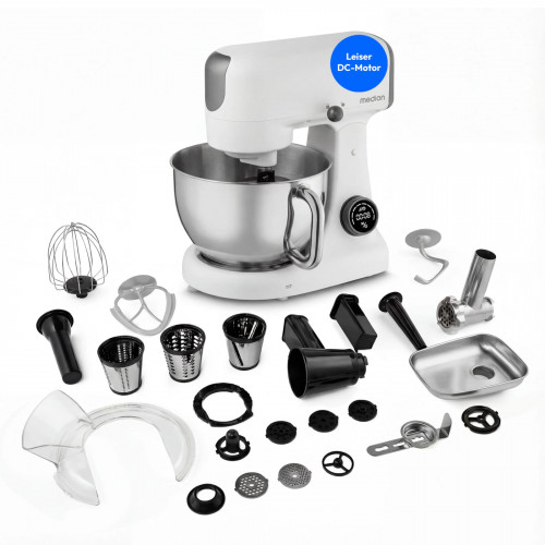 MEDION® LIFE Digitale Küchenmaschine MD12600 weiß, 800 W Gleichstrommotor, Optimierte Leistungssteuerung, Ultraleise, Digitales Sensor-Touch-Display, 4,6 L Edelstahlschüssel, Inkl. Fleischwolf