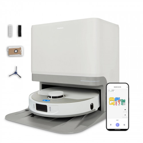 MEDION® Saugroboter mit 3-in-1 Absaugstation X55 SW+, Wischfunktion, rotierende und bewegliche Wischmopps, Lasernavigation, Hinderniserkennung durch Kreuzlinienlaser, starke 10.000 Pa Saugkraft, präzise Kartenerstellung