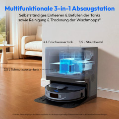 MEDION® Saugroboter mit 3-in-1 Absaugstation X55 SW+ Pro, Wischfunktion, rotierende und bewegliche Wischmopps, Lasernavigation, Hinderniserkennung durch Kreuzlinienlaser, starke 10.000 Pa Saugkraft, präzise Kartenerstellung