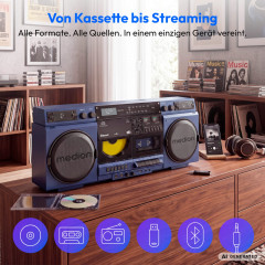 MEDION® LIFE P66538 Retro-Boombox blau, DAB+/PLL-UKW Radio, Bluetooth® 5.3 für das Abspielen von Smartphone & Co, CD-Player, Kassettendeck, X-Bass Funktion, 2 x 10 W RMS