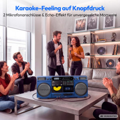 MEDION® LIFE P66538 Retro-Boombox blau, DAB+/PLL-UKW Radio, Bluetooth® 5.3 für das Abspielen von Smartphone & Co, CD-Player, Kassettendeck, X-Bass Funktion, 2 x 10 W RMS