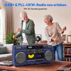 MEDION® LIFE P66538 Retro-Boombox blau, DAB+/PLL-UKW Radio, Bluetooth® 5.3 für das Abspielen von Smartphone & Co, CD-Player, Kassettendeck, X-Bass Funktion, 2 x 10 W RMS