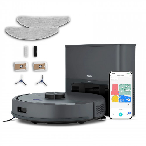 MEDION® Saugroboter mit Absaugstation X22 SW+ blau, Wischfunktion, Lasernavigation, 5.000 Pa Saugkraft, No Go & Go Bereiche, präzise Kartenerstellung, mehrere Etagen, App-Steuerung