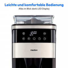 MEDION® Kaffeemaschine mit Mahlwerk MD 19899, 8 Mahlstufen, 1,5 Liter Wassertank, Glaskanne, Warmhaltefunktion, 1.050 Watt