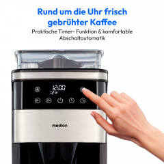 MEDION® Kaffeemaschine mit Mahlwerk MD 19899, 8 Mahlstufen, 1,5 Liter Wassertank, Glaskanne, Warmhaltefunktion, 1.050 Watt