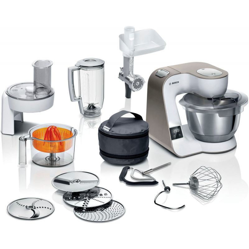 BOSCH Küchenmaschine »Serie 4 MUM5XW40, integr. Waage, Durchlaufschnitzler, weiß/champagner« 4 Scheiben, Mixer, Fleischwolf, Zitruspresse, Profi Patisserie-Set