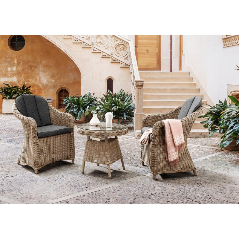 Destiny Balkonset »MALAGA 2 Se + Kaffeetisch Ø 60x55cm, natur meliert« Set, 7 Stk. tlg. Aluminium, Polyrattan