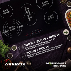 AREBOS | 8700 W | 5 Kochzonen | 77 cm | autark | inkl. Dreiringzone und Bräterzone Glaskeramik (77,0 cm breit, 5 Kochfelder)