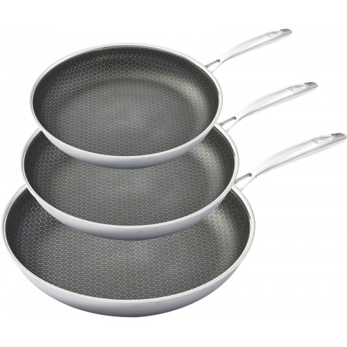 HENSSLERS Pfannen-Set Edelstahl Set, 1x Bratpfanne Ø 20 cm, 1x Bratpfanne Ø 24 cm, 1x Bratpfanne Ø 28 cm, 3 Stk. tlg. 3-Schicht Material, Wabenstruktur und Antihaftbeschichtung, Induktion