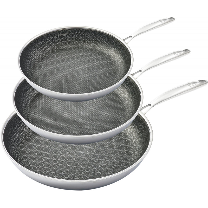 HENSSLERS Pfannen-Set Edelstahl Set, 1x Bratpfanne Ø 20 cm, 1x Bratpfanne Ø 24 cm, 1x Bratpfanne Ø 28 cm, 3 Stk. tlg. 3-Schicht Material, Wabenstruktur und Antihaftbeschichtung, Induktion