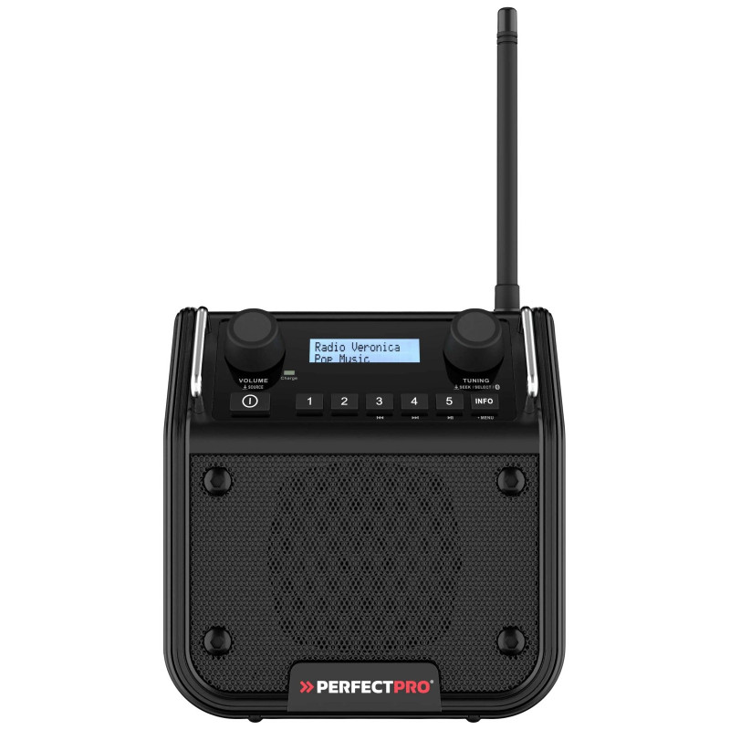 PerfectPro DABPRO Baustellenradio DAB+, UKW AUX, Bluetooth® stoßfest, spritzwassergeschützt, staubdicht Schwarz