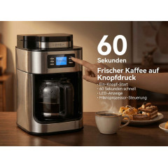 DEBUY Mahlwerk Glaskanne Bohnen & Pulver Kaffeemaschine Silber