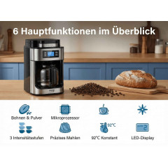 DEBUY Mahlwerk Glaskanne Bohnen & Pulver Kaffeemaschine Silber