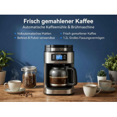 DEBUY 1,2L Mahlwerk 1000W Edelstahl Kaffeemaschine Silber