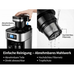 DEBUY 1,2L Mahlwerk 1000W Edelstahl Kaffeemaschine Silber
