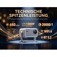 DEBUY Native 1080P 4K-Decoding Auto-Fokus WiFi 6 Mini Beamer(Full-HD+, 650 ANSI-Lumen)